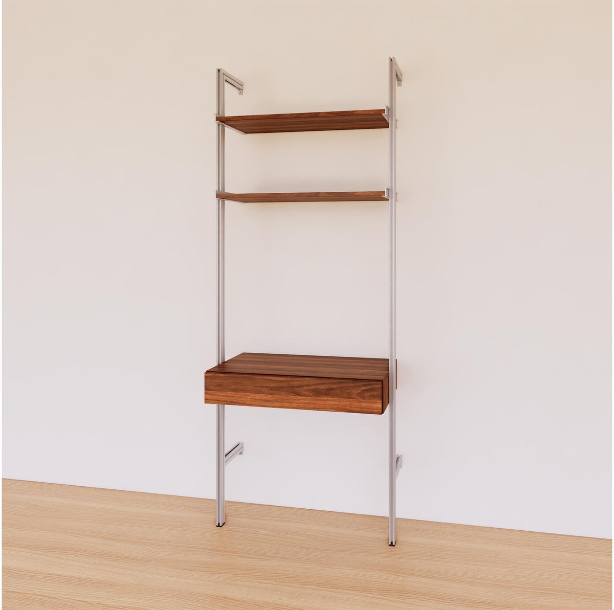 Desk shelving unit with wood-look shelves and satin vertical posts, shown with desk surface and open shelf levels.
