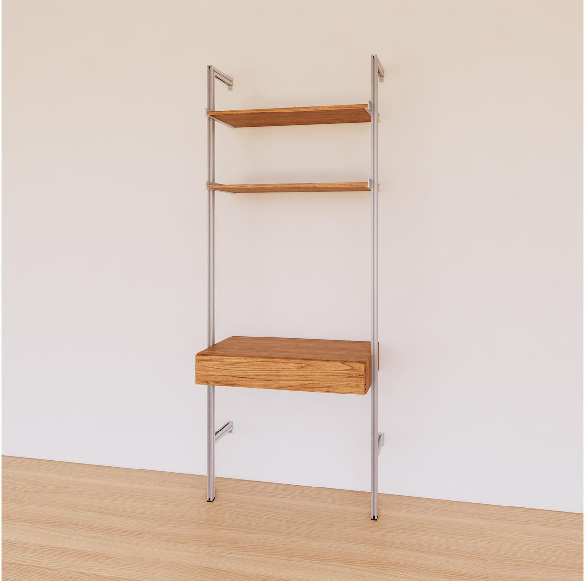 Desk shelving unit with Tea for Two shelves and satin vertical posts, shown with desk surface and open shelf levels.