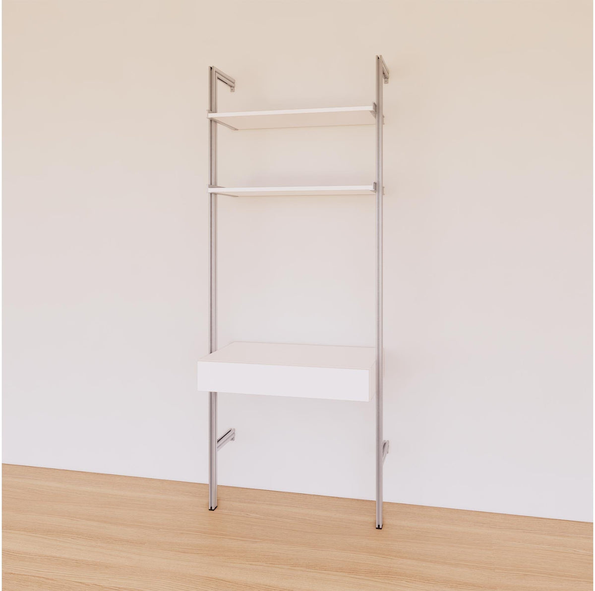 Desk shelving unit with white shelves and satin vertical posts, shown with desk surface and open shelf levels.