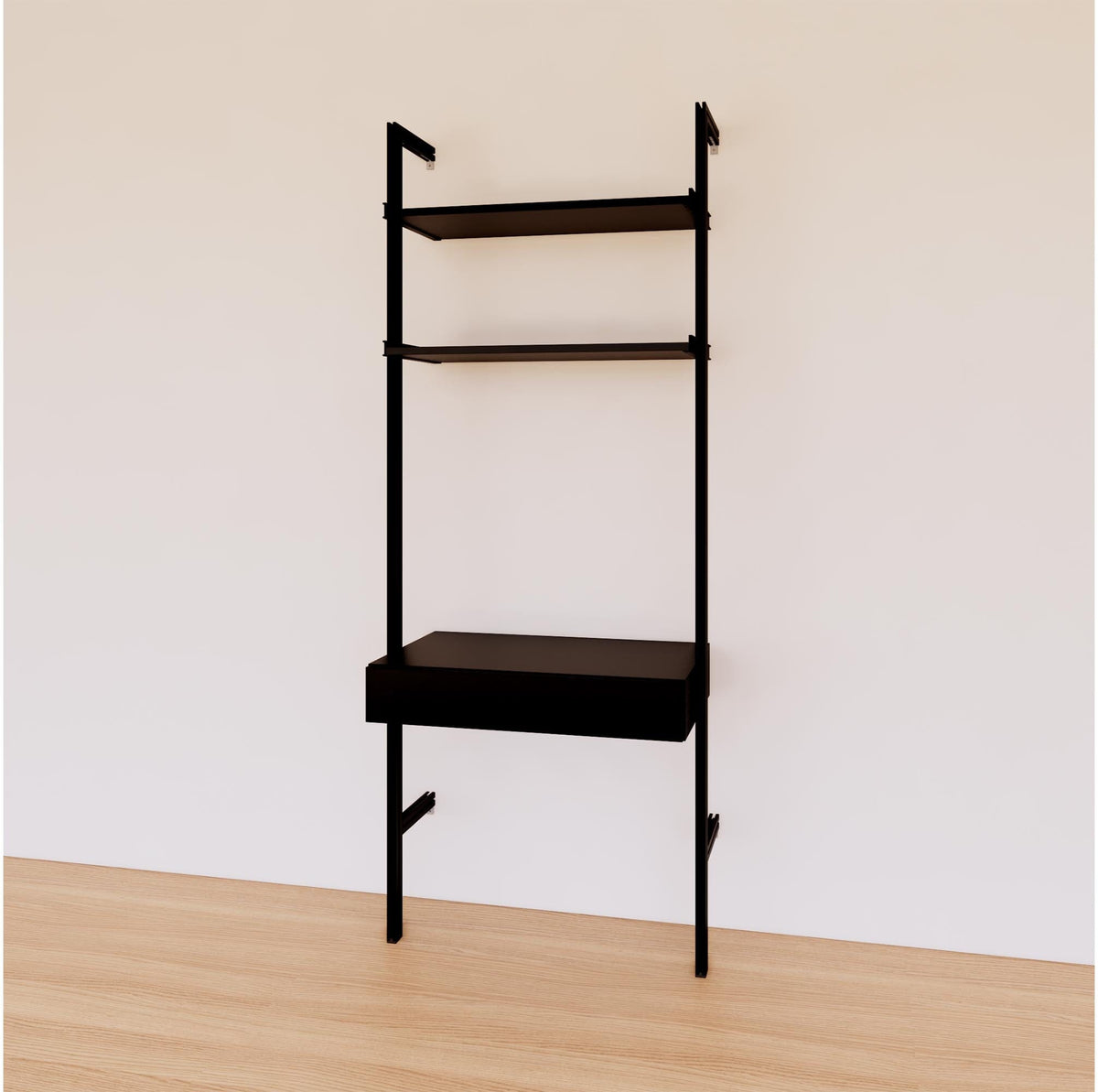 Desk shelving unit with black shelves and black vertical posts, shown with desk surface and open shelf levels.