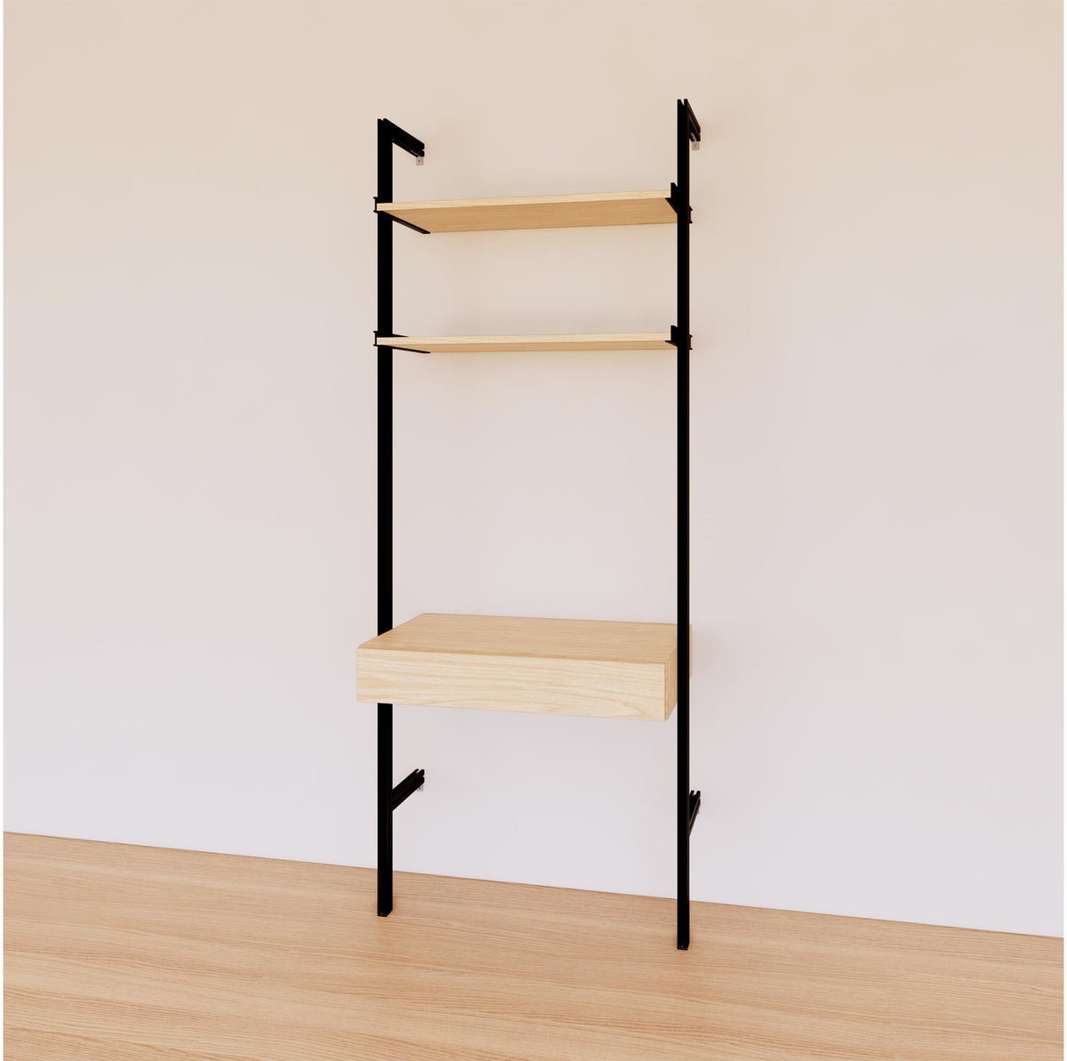 Desk shelving unit with Casting Light shelves and black vertical posts, shown with desk surface and open shelf levels.
