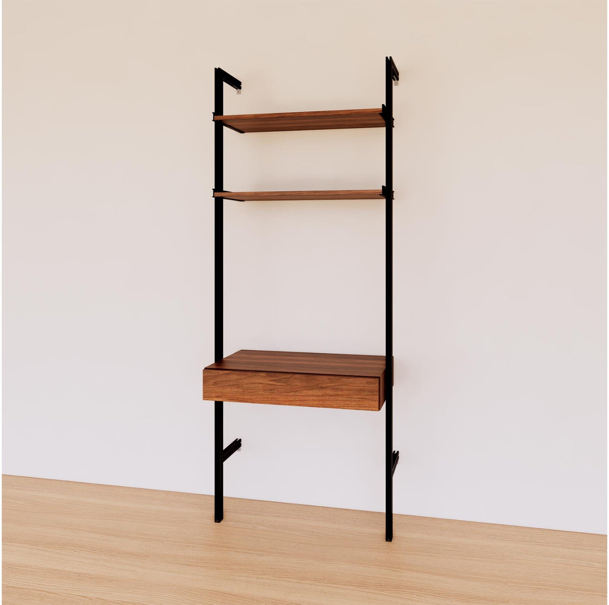 Desk shelving unit with wood-look shelves and black vertical posts, shown with desk surface and open shelf levels.