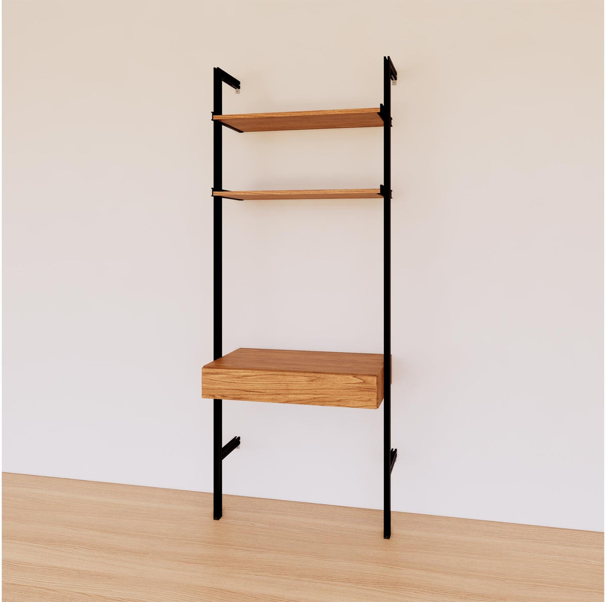 Desk shelving unit with Tea for Two shelves and black vertical posts, shown with desk surface and open shelf levels.