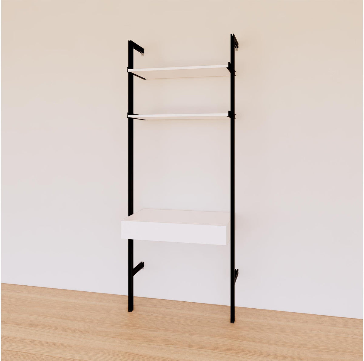 Desk shelving unit with white shelves and black vertical posts, shown with desk surface and open shelf levels.