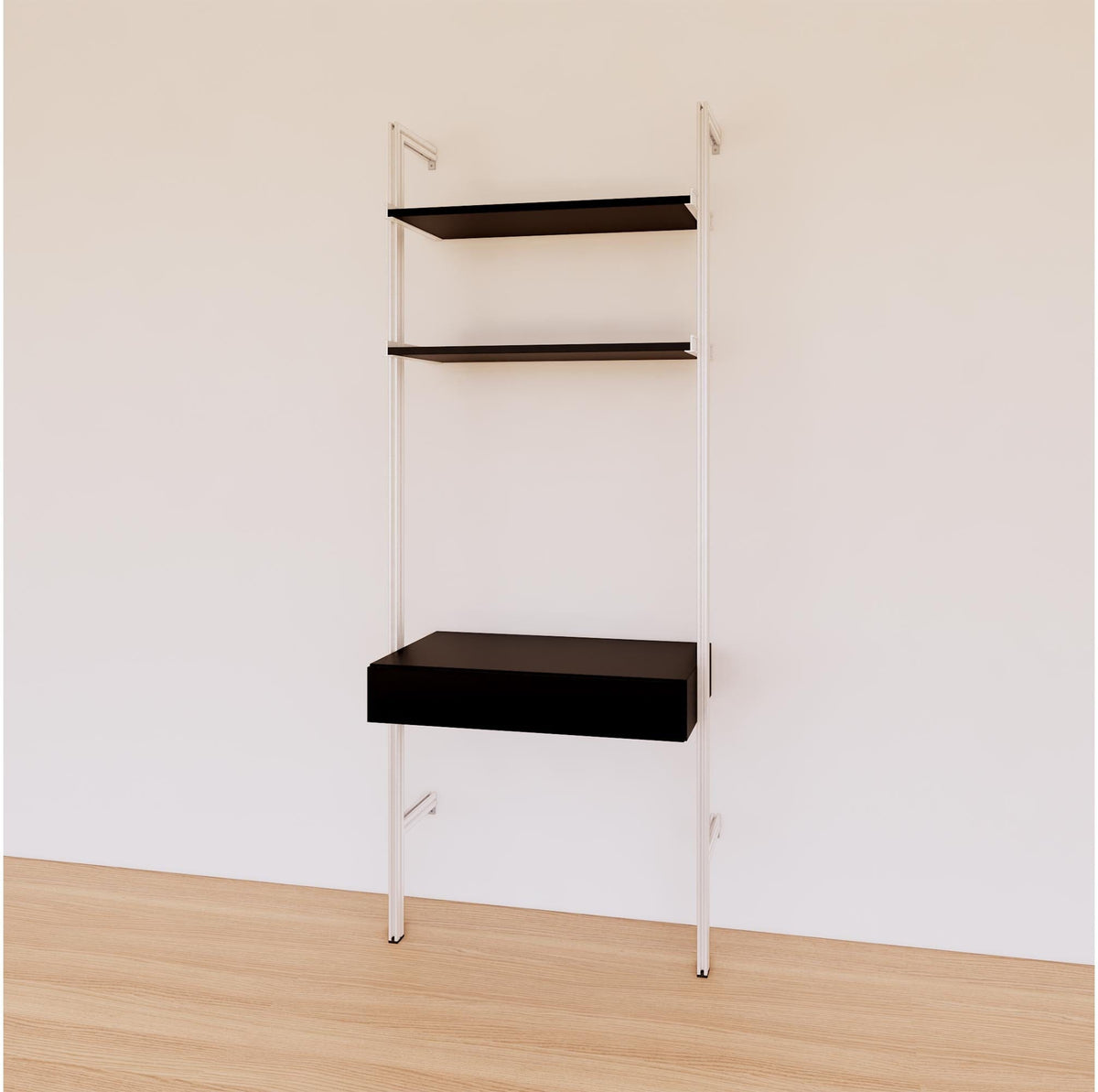 Desk shelving unit with black shelves and white vertical posts, shown with desk surface and open shelf levels.