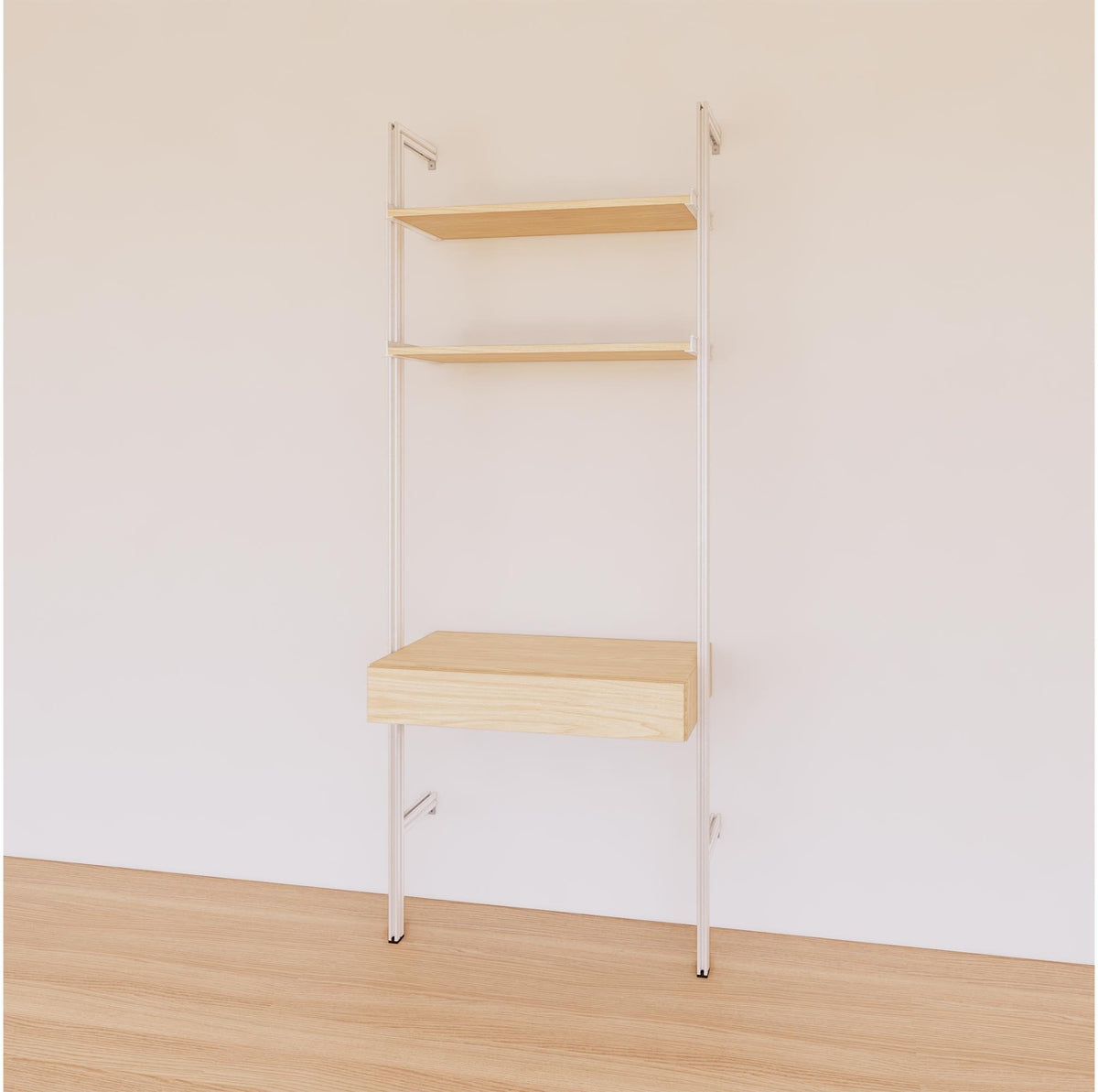 Desk shelving unit with Casting Light shelves and white vertical posts, shown with desk surface and open shelf levels.