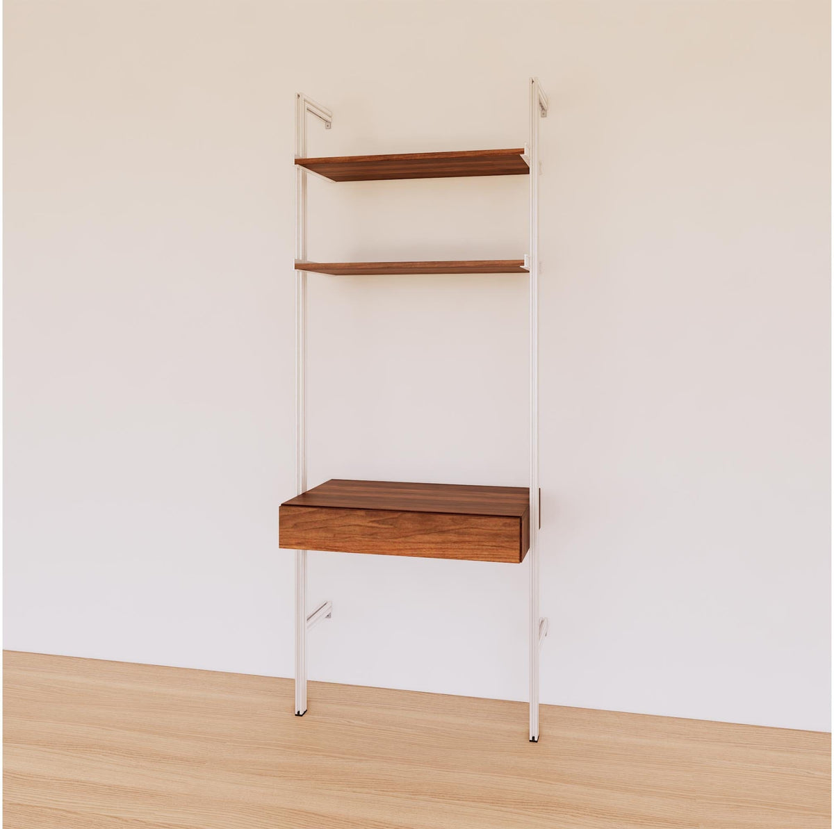 Desk shelving unit with wood-look shelves and white vertical posts, shown with desk surface and open shelf levels.