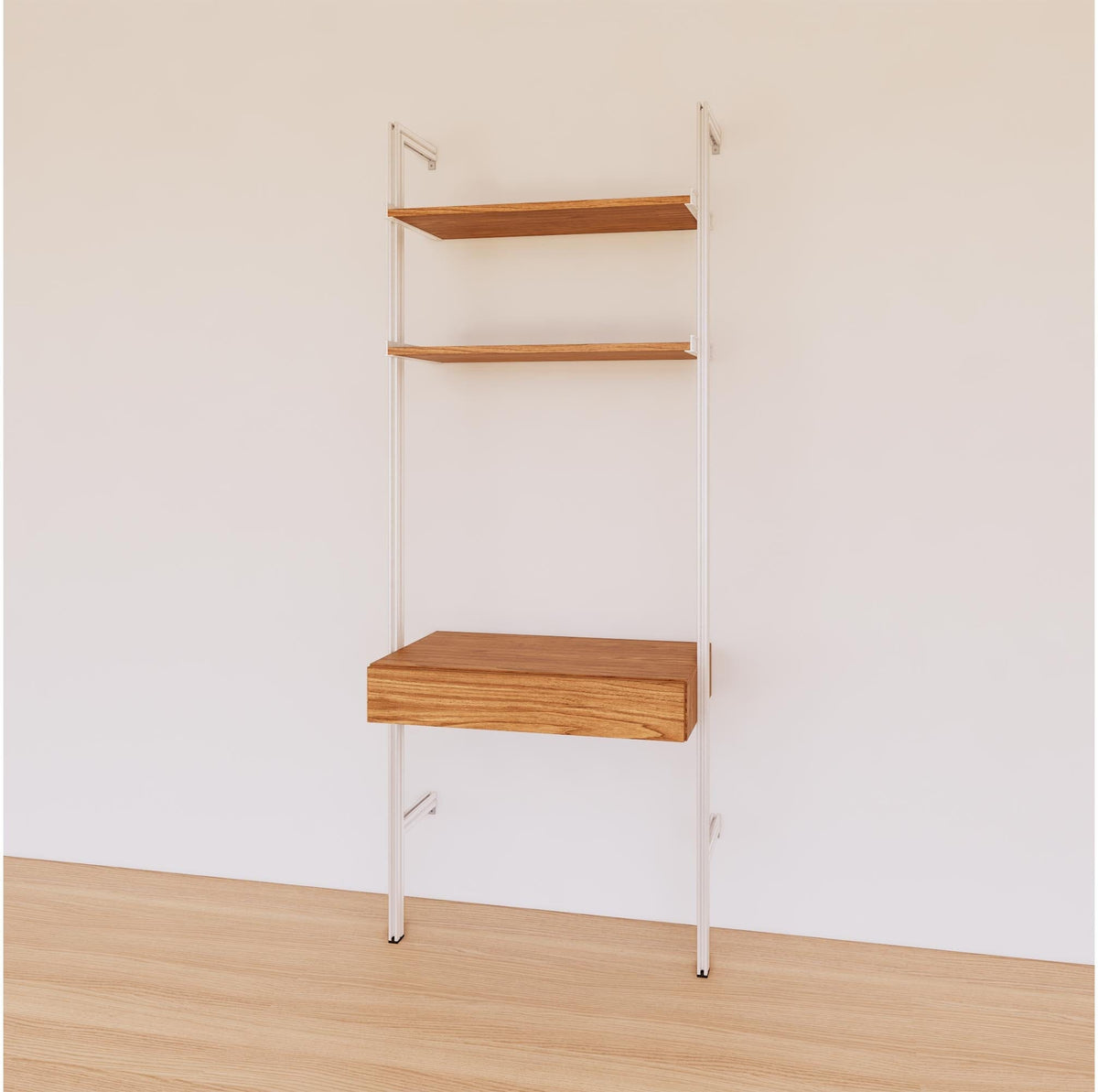 Desk shelving unit with Tea for Two shelves and white vertical posts, shown with desk surface and open shelf levels.