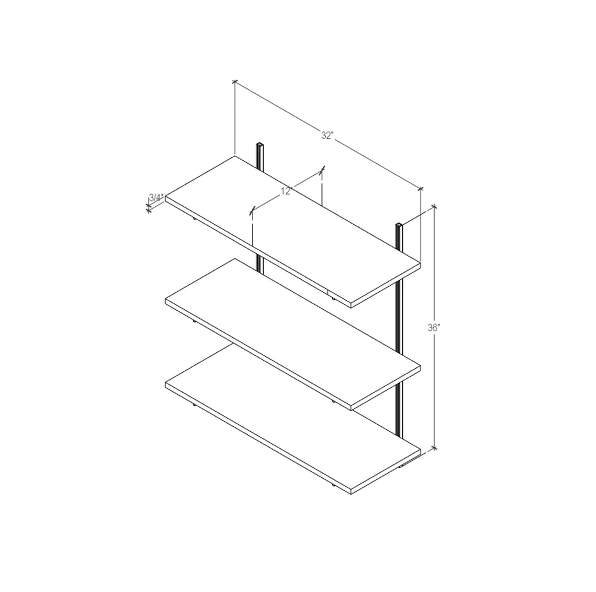 Technical drawing of a modular shelving unit, showing dimensions and three open shelf levels.