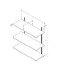 Technical drawing of a modular shelving unit, showing dimensions and three open shelf levels.