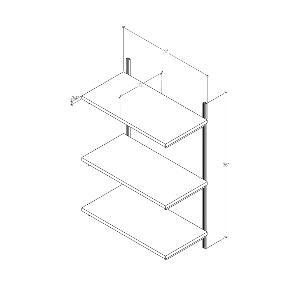 Technical drawing of a modular shelving unit, showing dimensions and three open shelf levels.