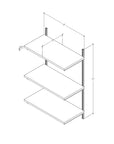 Technical drawing of a modular shelving unit, showing dimensions and three open shelf levels.