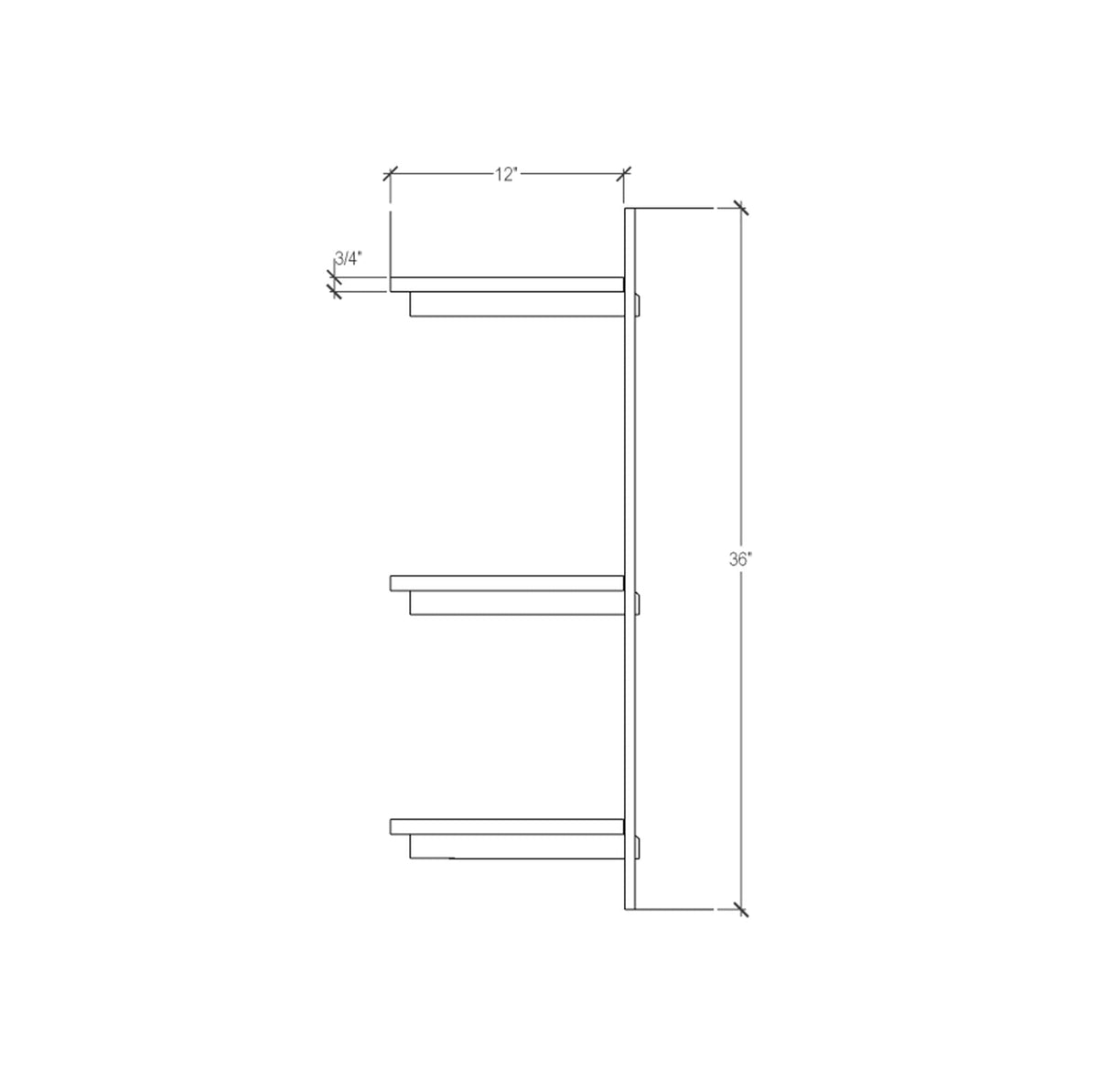 Technical drawing of a modular shelving unit, showing dimensions and three open shelf levels.