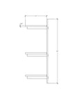 Technical drawing of a modular shelving unit, showing dimensions and three open shelf levels.