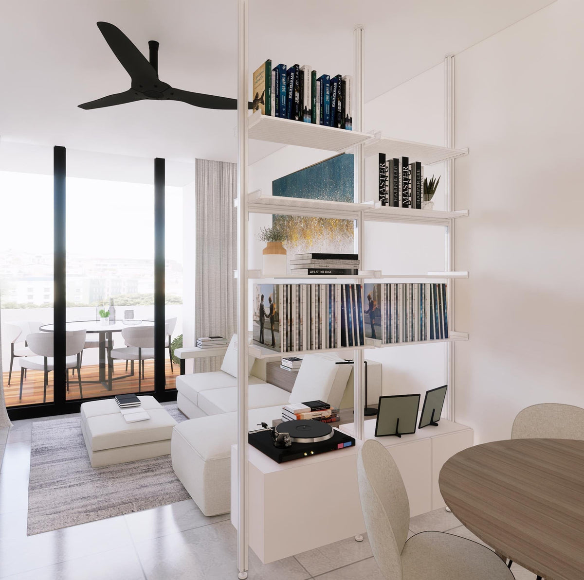 Floor-to-ceiling room divider shelving unit with lower storage cabinets with Casting Light shelves and satin vertical posts, 2 bays, 24-inch bay width, six open shelf levels, floor-to-ceiling supports, styled in a room setting with books and decor.