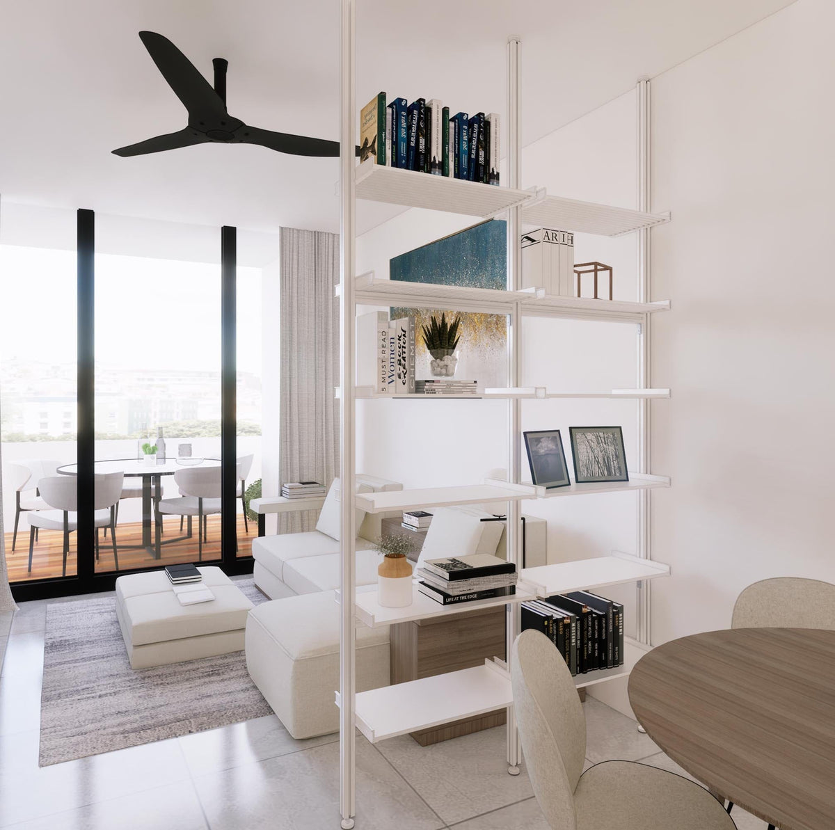 Floor-to-ceiling room divider shelving unit with satin shelves and satin vertical posts, one bay, 24-inch bay width, six open shelf levels, floor-to-ceiling supports, styled in a room setting with books and decor.