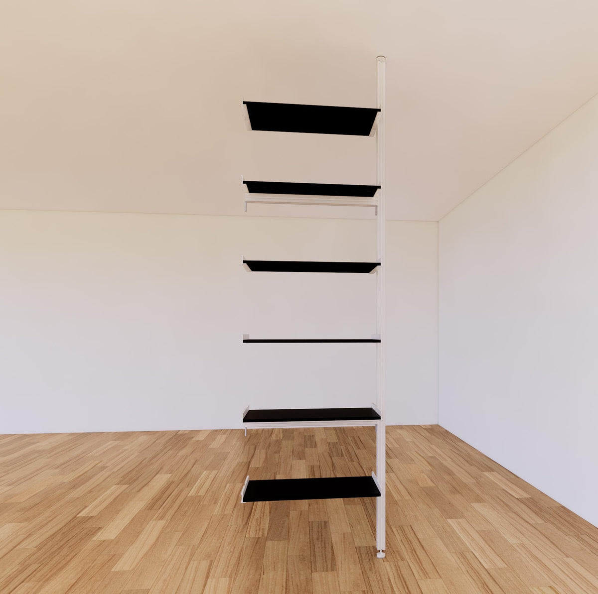 Floor-to-ceiling room divider shelving extension one bay, six open shelf levels, floor-to-ceiling supports.