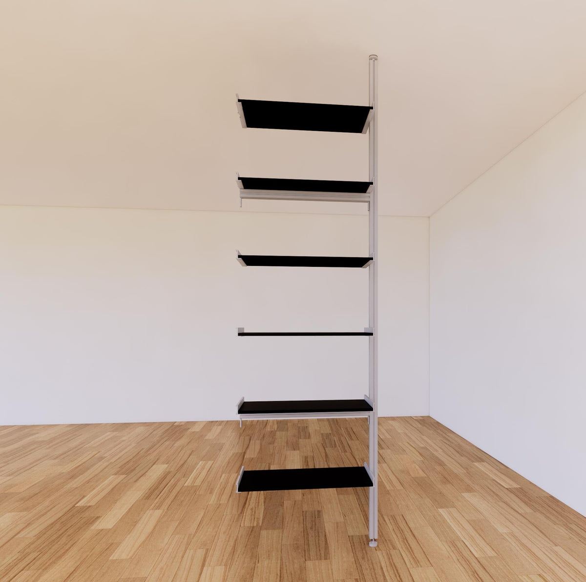 Floor-to-ceiling room divider shelving extension one bay, six open shelf levels, floor-to-ceiling supports.