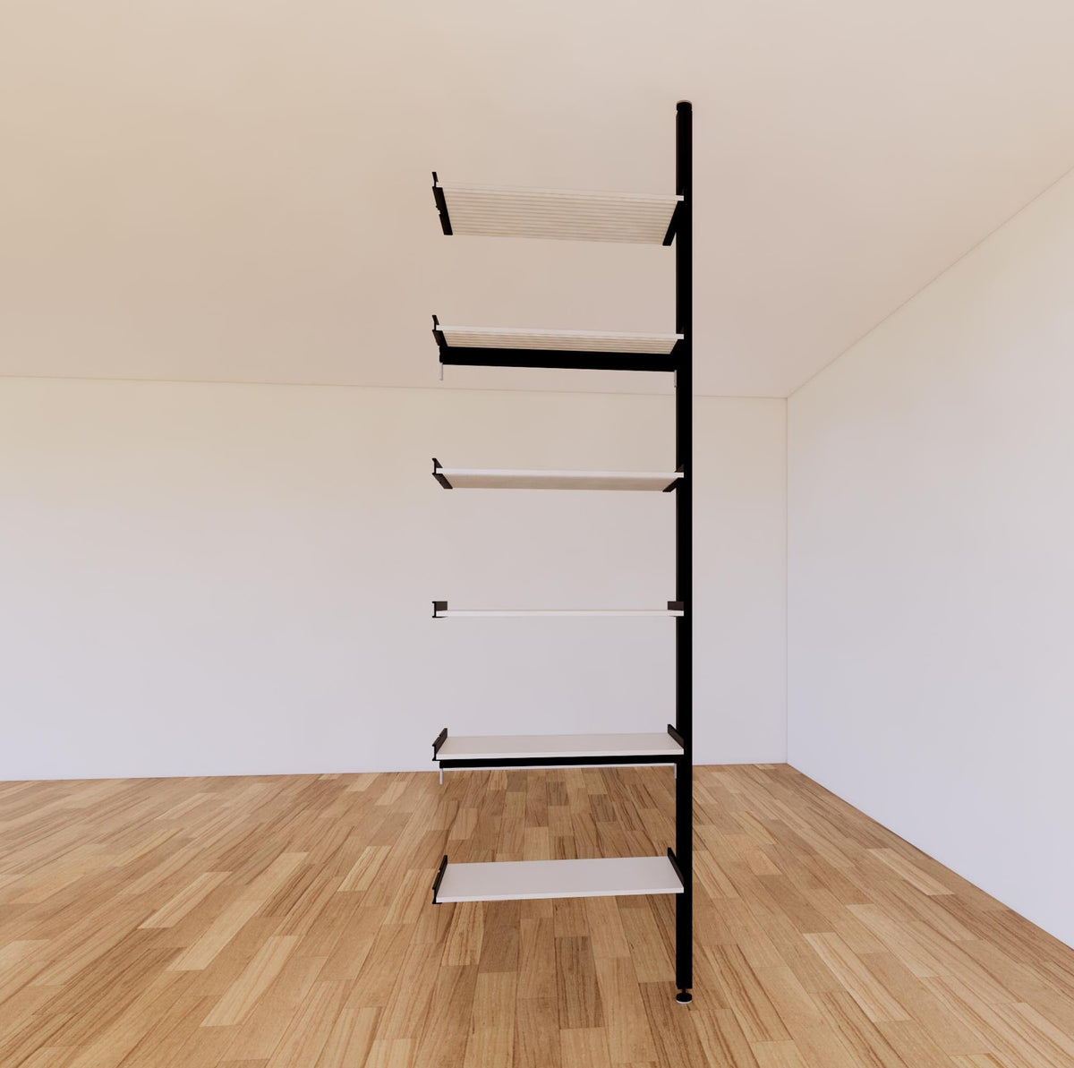Floor-to-ceiling room divider shelving extension one bay, six open shelf levels, floor-to-ceiling supports.