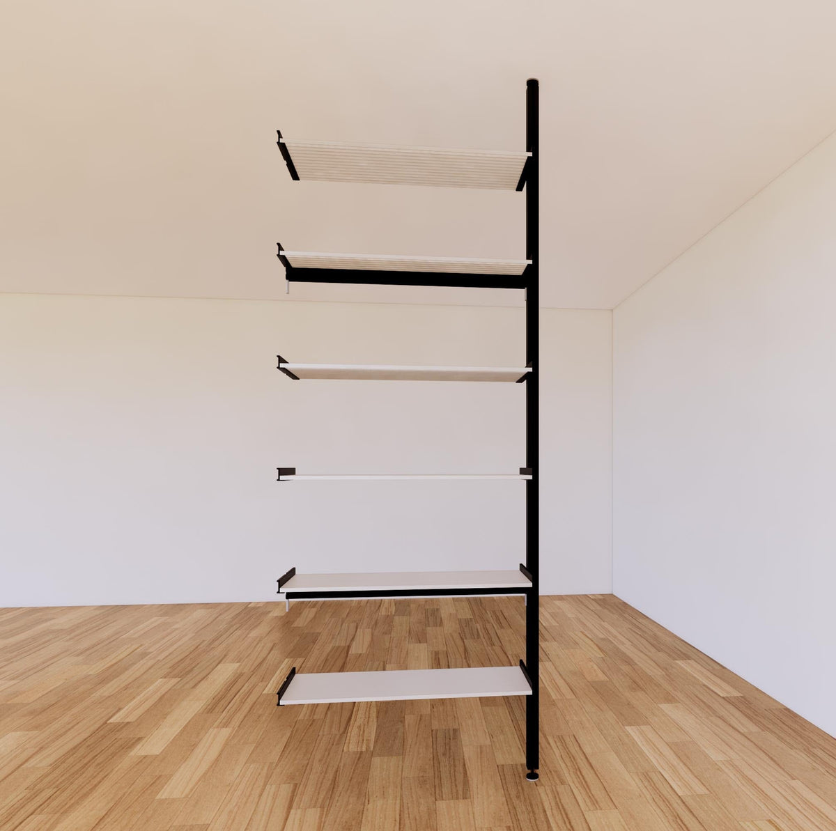 Floor-to-ceiling room divider shelving extension one bay, six open shelf levels, floor-to-ceiling supports.