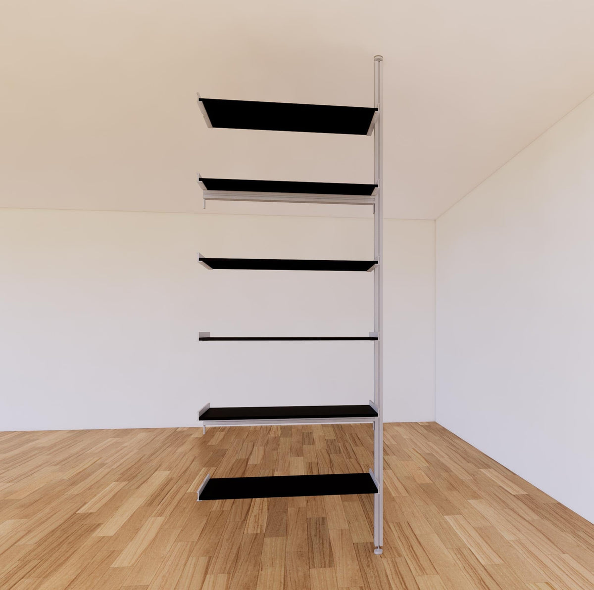 Floor-to-ceiling room divider shelving extension one bay, six open shelf levels, floor-to-ceiling supports.