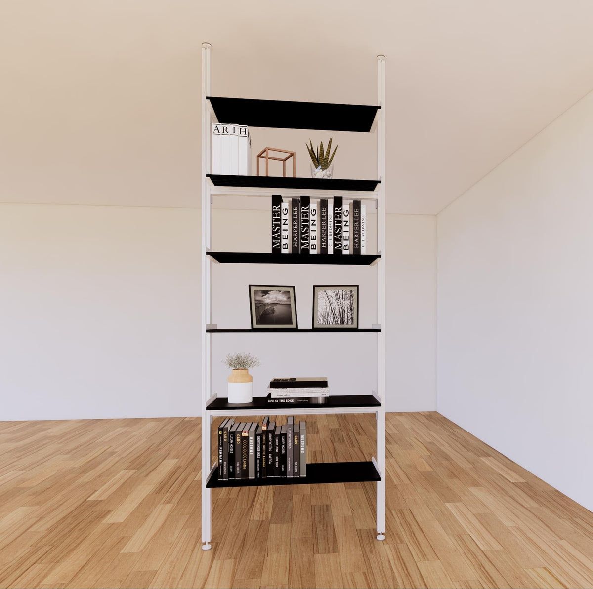 Floor-to-ceiling room divider shelving unit six open shelf levels, floor-to-ceiling supports.