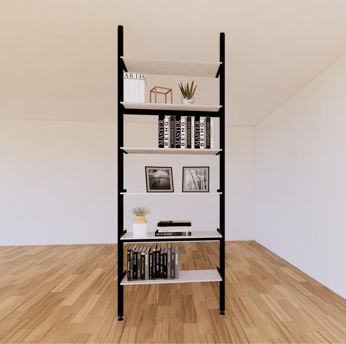 Floor-to-ceiling room divider shelving unit six open shelf levels, floor-to-ceiling supports.