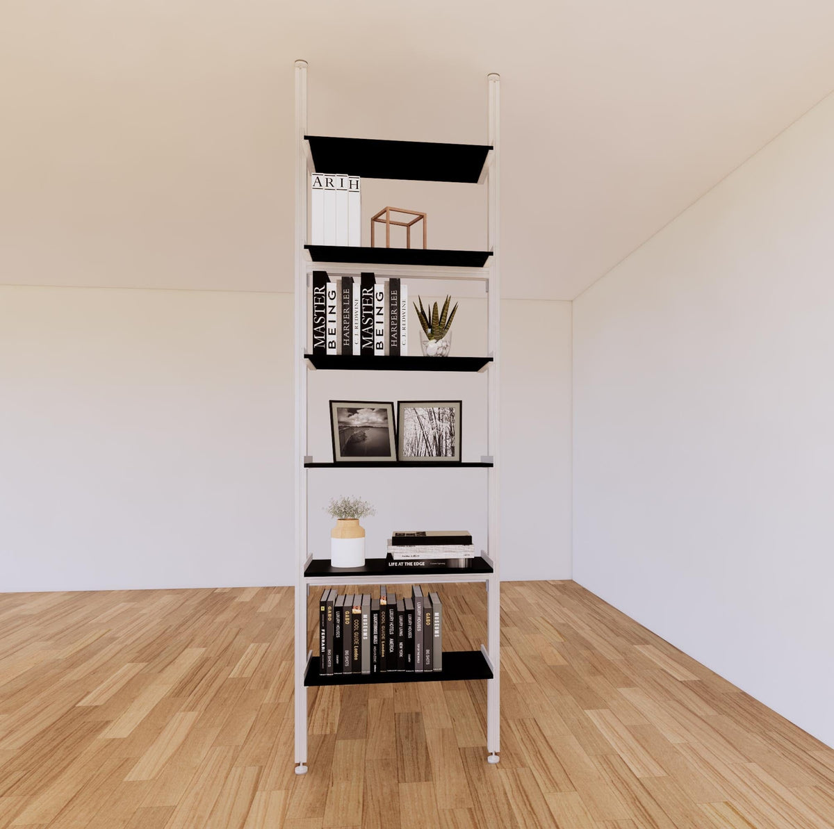Floor-to-ceiling room divider shelving extension with black shelves and satin vertical post, one bay, 31-inch bay width, six open shelf levels, floor-to-ceiling supports.