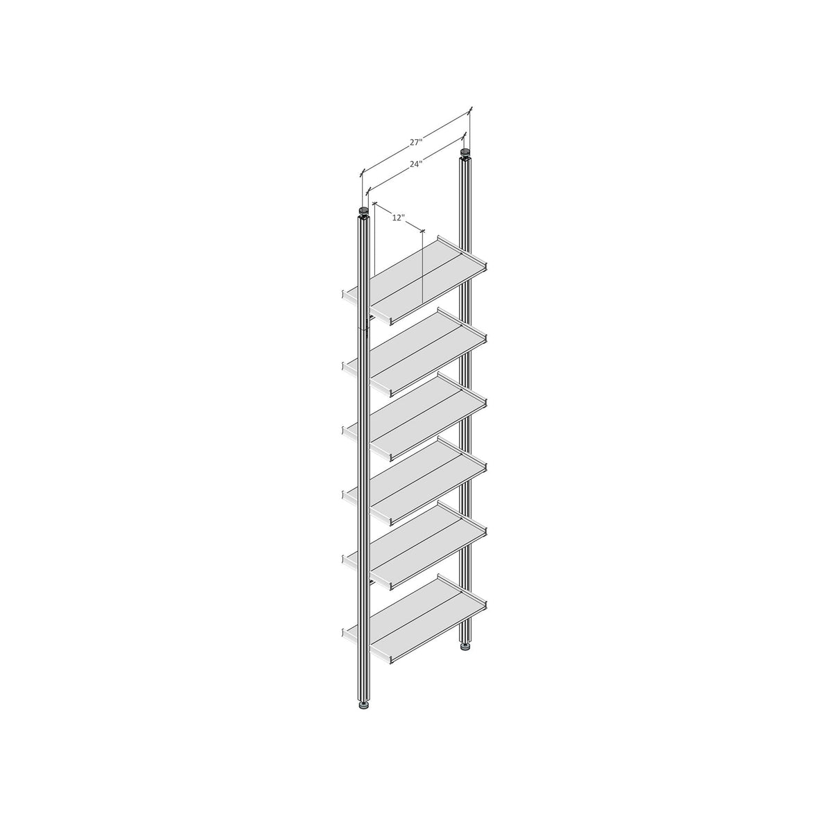 Technical drawing of Aluminaire floor-to-ceiling room divider shelving with wood-look aluminum shelves, one bay, 24-inch bay width, and six open shelf levels.