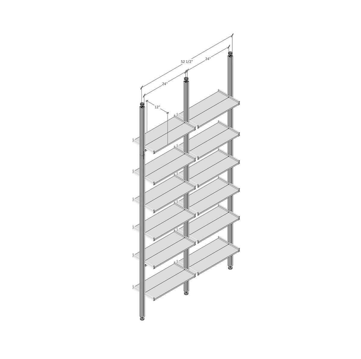 Technical drawing of Aluminaire floor-to-ceiling room divider shelving with wood-look aluminum shelves, two bays, 24-inch bay width, and six open shelf levels.