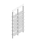 Technical drawing of Aluminaire floor-to-ceiling room divider shelving with wood-look aluminum shelves, two bays, 24-inch bay width, and six open shelf levels.