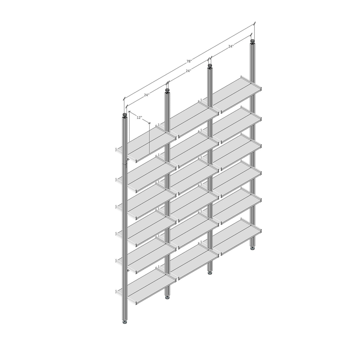 Technical drawing of Aluminaire floor-to-ceiling room divider shelving with wood-look aluminum shelves, three bays, 24-inch bay width, and six open shelf levels.