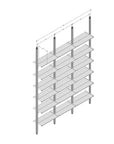 Technical drawing of Aluminaire floor-to-ceiling room divider shelving with wood-look aluminum shelves, three bays, 24-inch bay width, and six open shelf levels.