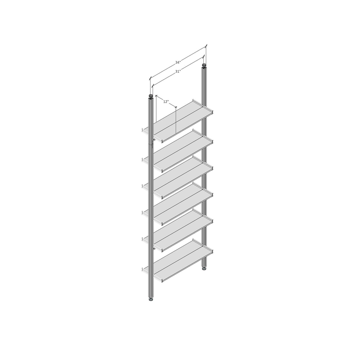Technical drawing of Aluminaire floor-to-ceiling room divider shelving with wood-look aluminum shelves, one bay, 31-inch bay width, and six open shelf levels.