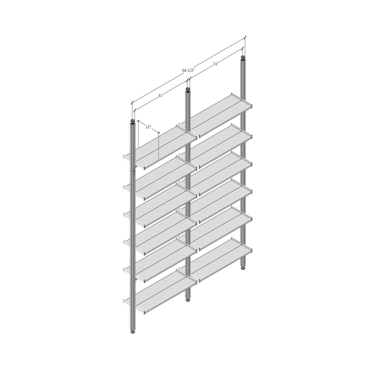 Technical drawing of Aluminaire floor-to-ceiling room divider shelving with wood-look aluminum shelves, two bays, 31-inch bay width, and six open shelf levels.