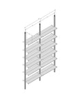 Technical drawing of Aluminaire floor-to-ceiling room divider shelving with wood-look aluminum shelves, two bays, 31-inch bay width, and six open shelf levels.