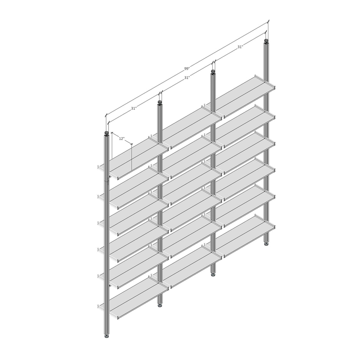 Technical drawing of Aluminaire floor-to-ceiling room divider shelving with wood-look aluminum shelves, three bays, 31-inch bay width, and six open shelf levels.