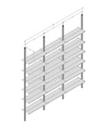 Technical drawing of Aluminaire floor-to-ceiling room divider shelving with wood-look aluminum shelves, three bays, 31-inch bay width, and six open shelf levels.