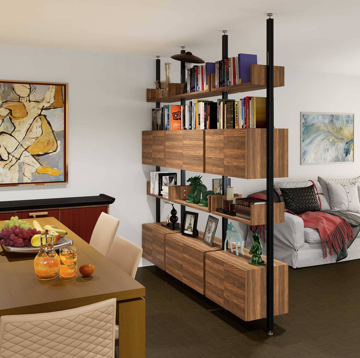 Floor-to-ceiling room divider shelving unit with lower storage cabinets with Casting Light shelves and white vertical posts, one bay, 24-inch bay width, six open shelf levels, floor-to-ceiling supports, styled in a room setting with books and decor.