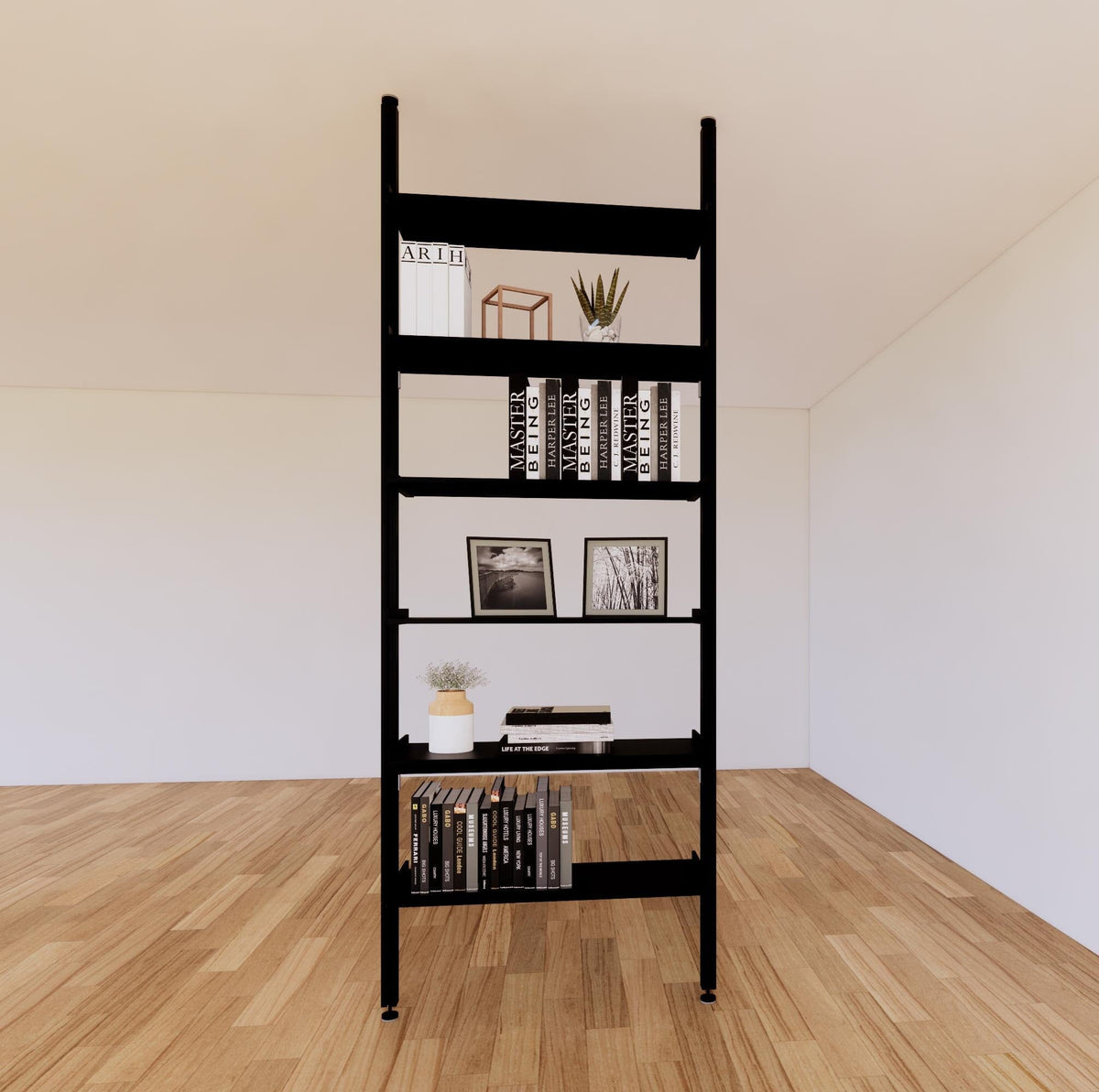Floor-to-ceiling room divider shelving unit with lower storage cabinets with black shelves and black vertical posts, 31-inch bay width, six open shelf levels, floor-to-ceiling supports.