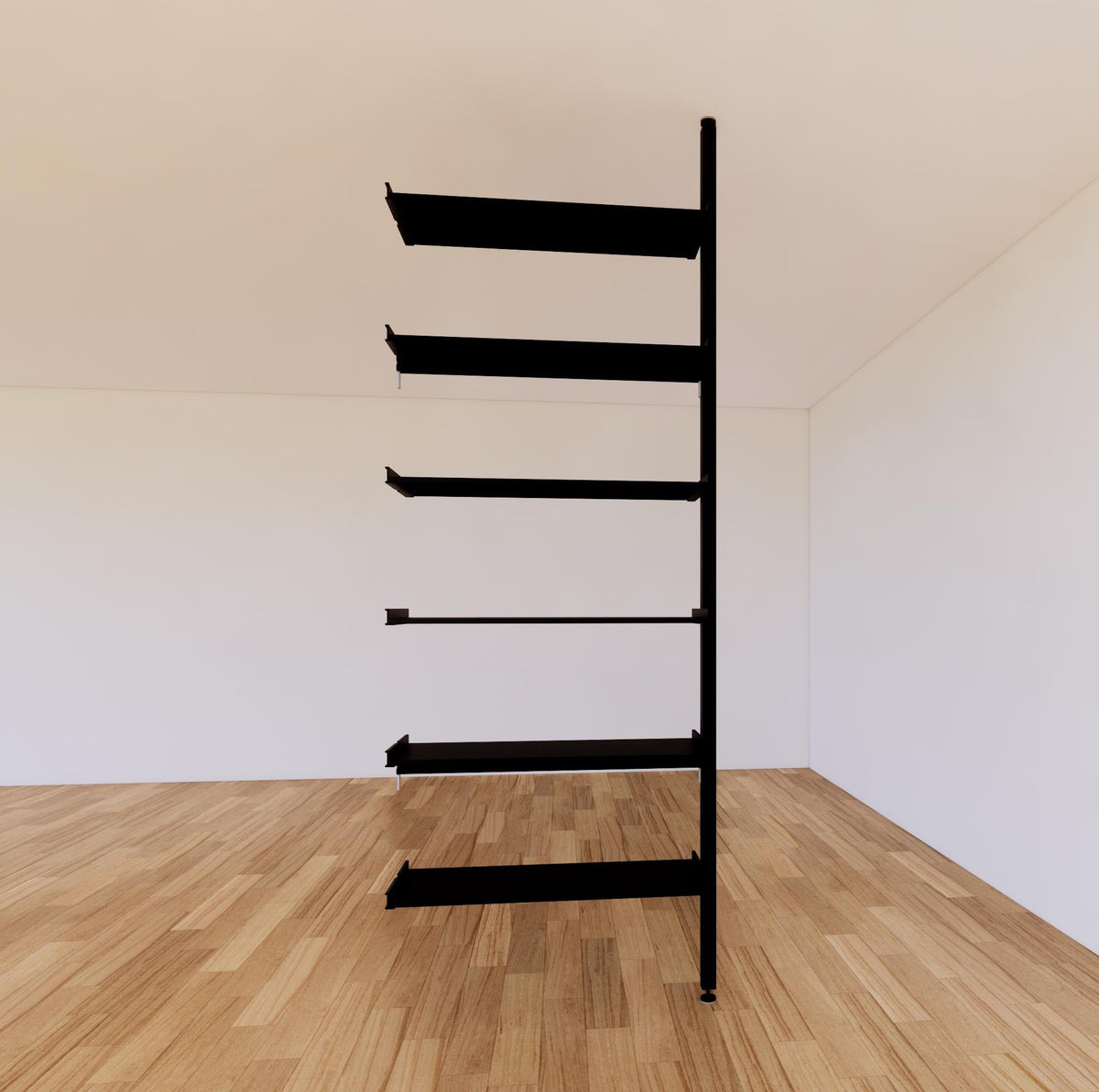 Floor-to-ceiling room divider shelving extension with black shelves and black vertical post, one bay, 31-inch bay width, six open shelf levels, floor-to-ceiling supports.