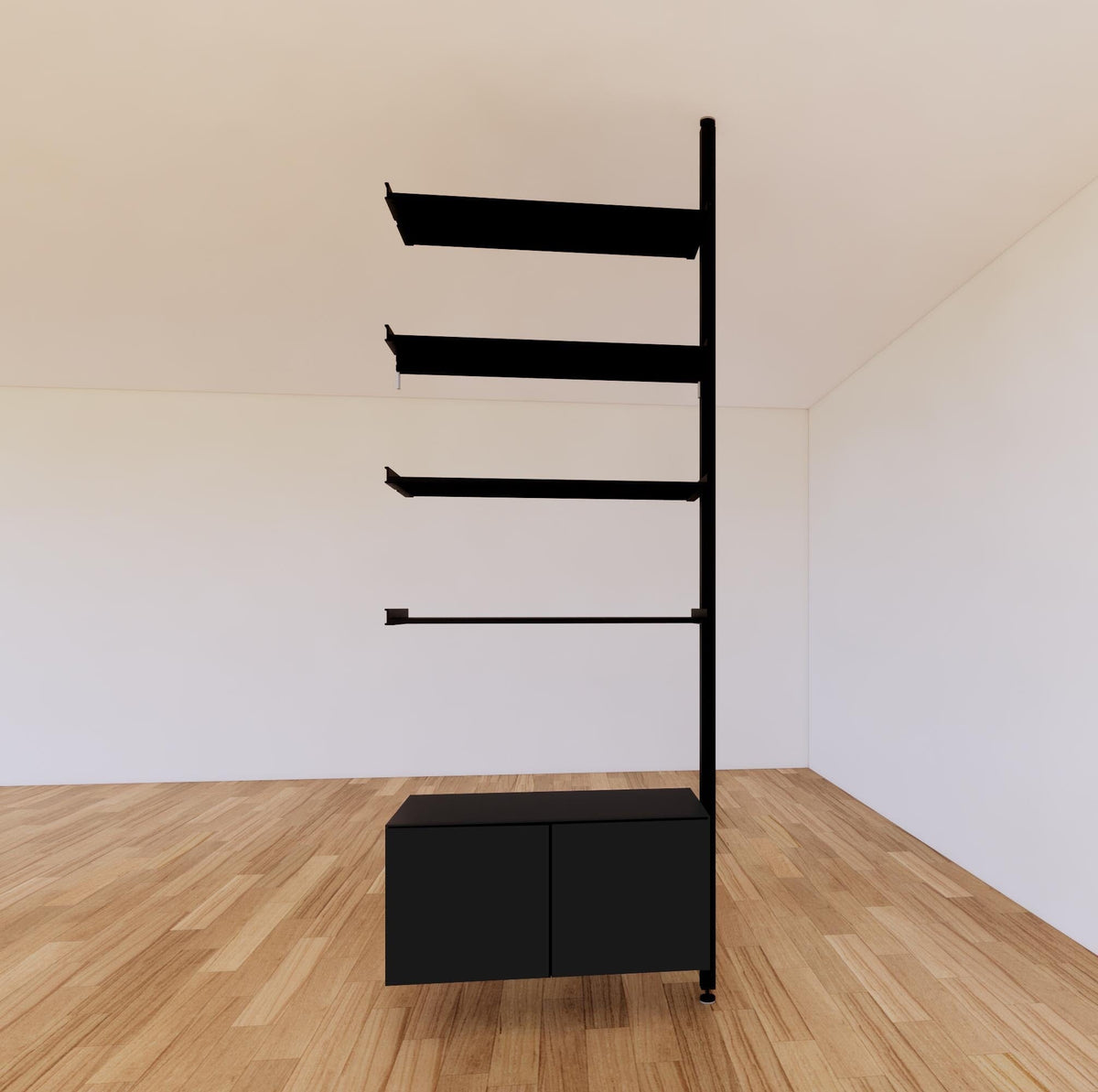 Floor-to-ceiling room divider shelving extension with lower storage cabinet with black shelves and black vertical post, one bay, 31-inch bay width, six open shelf levels, floor-to-ceiling supports.