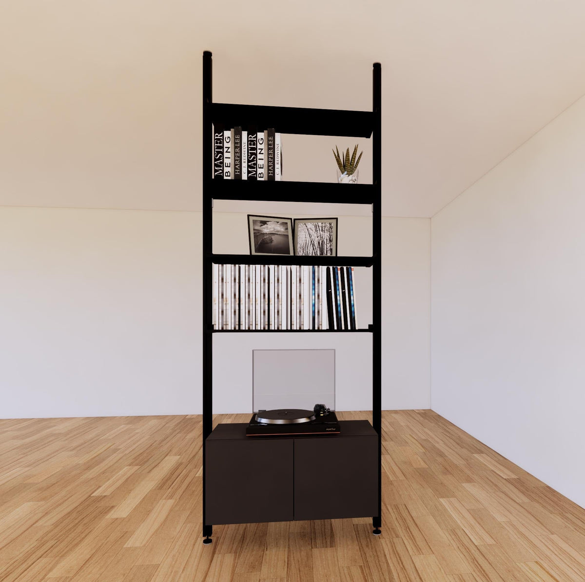 Floor-to-ceiling room divider shelving unit with lower storage cabinets with black shelves and black vertical posts, 31-inch bay width, six open shelf levels, floor-to-ceiling supports.