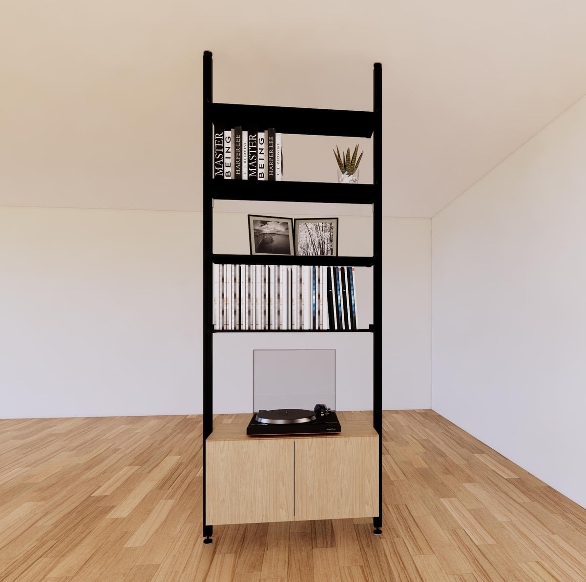 Floor-to-ceiling room divider shelving unit with lower storage cabinets with Casting Light shelves and black vertical posts, 31-inch bay width, six open shelf levels, floor-to-ceiling supports.