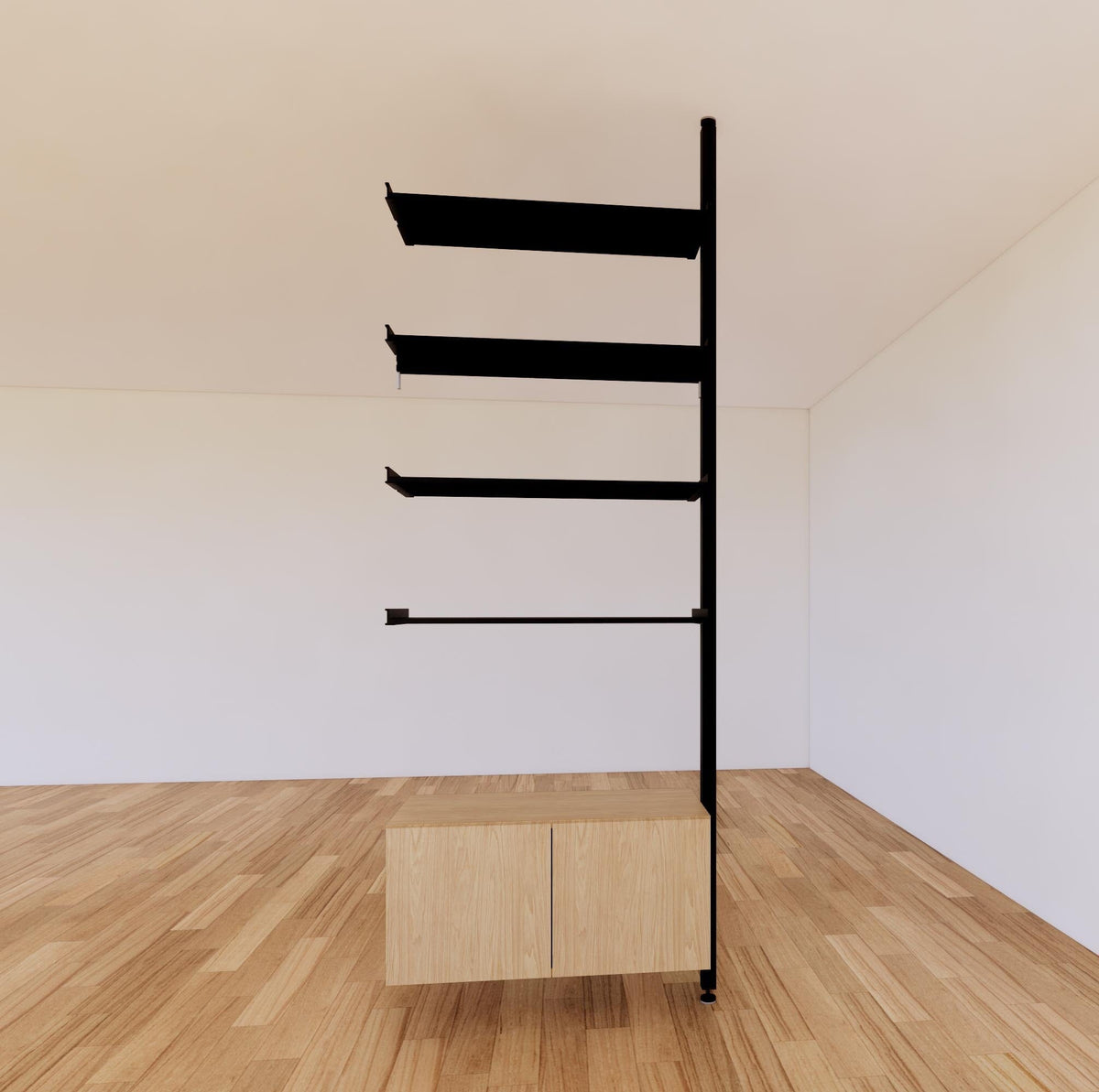 Floor-to-ceiling room divider shelving extension with lower storage cabinet with Casting Light shelves and black vertical post, one bay, 31-inch bay width, six open shelf levels, floor-to-ceiling supports.