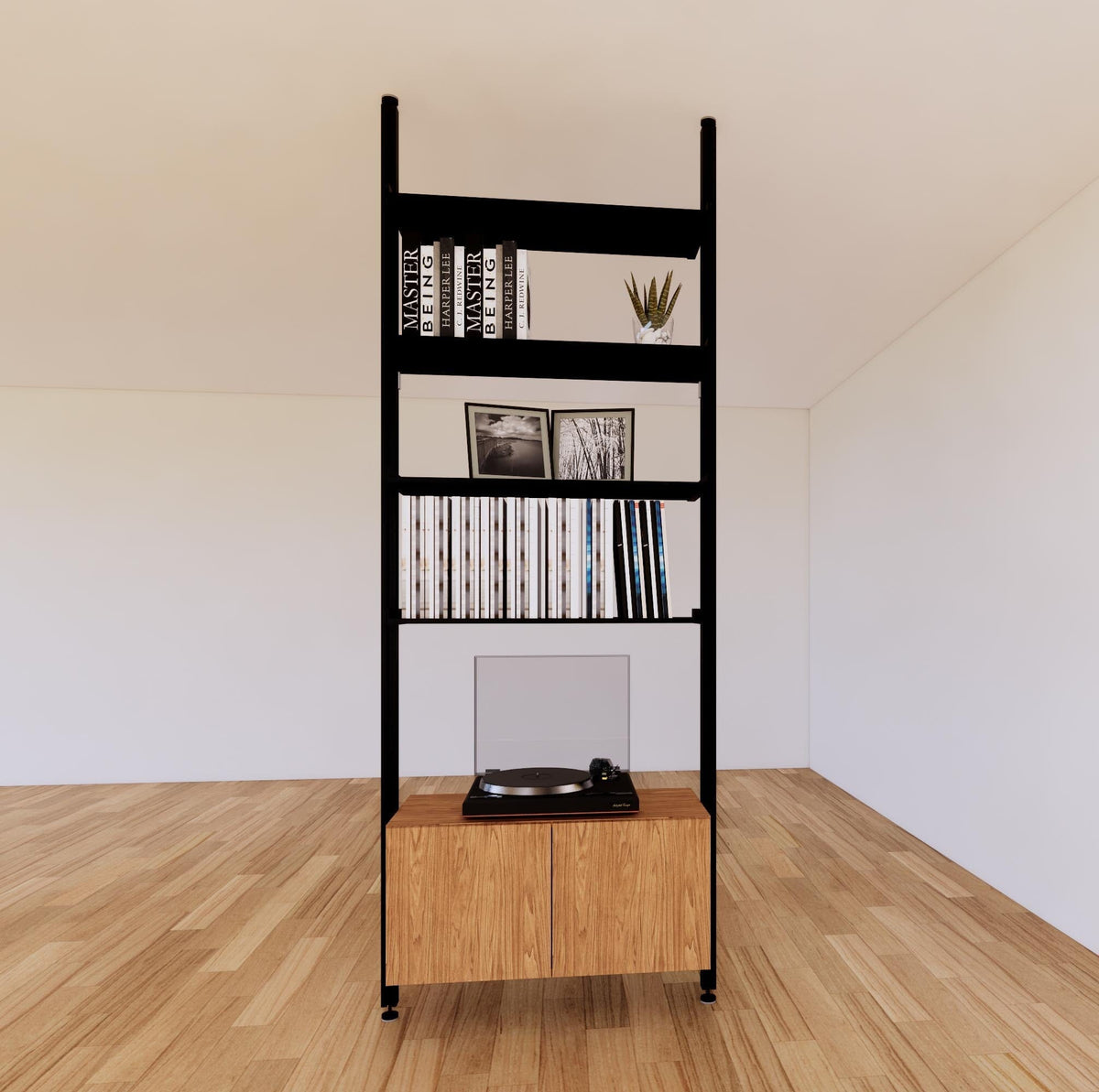 Floor-to-ceiling room divider shelving unit with lower storage cabinets with Tea for Two shelves and black vertical posts, 31-inch bay width, six open shelf levels, floor-to-ceiling supports.