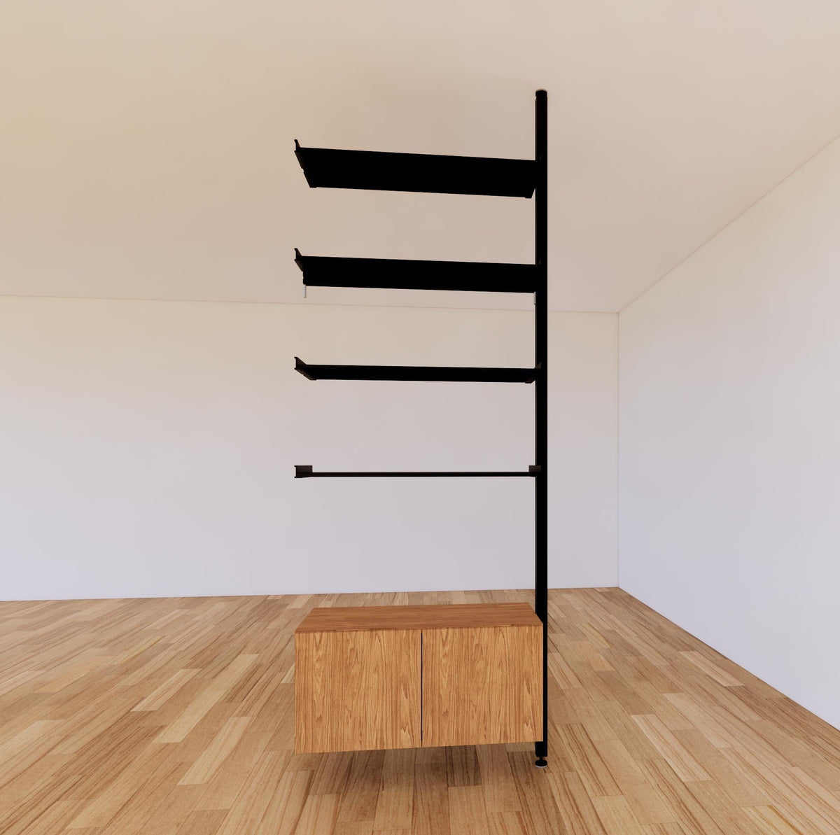 Floor-to-ceiling room divider shelving extension with lower storage cabinet with Tea for Two shelves and black vertical post, one bay, 31-inch bay width, six open shelf levels, floor-to-ceiling supports.