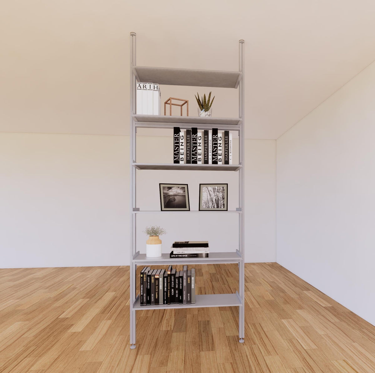 Floor-to-ceiling room divider shelving unit with lower storage cabinets with satin shelves and satin vertical posts, 31-inch bay width, six open shelf levels, floor-to-ceiling supports.