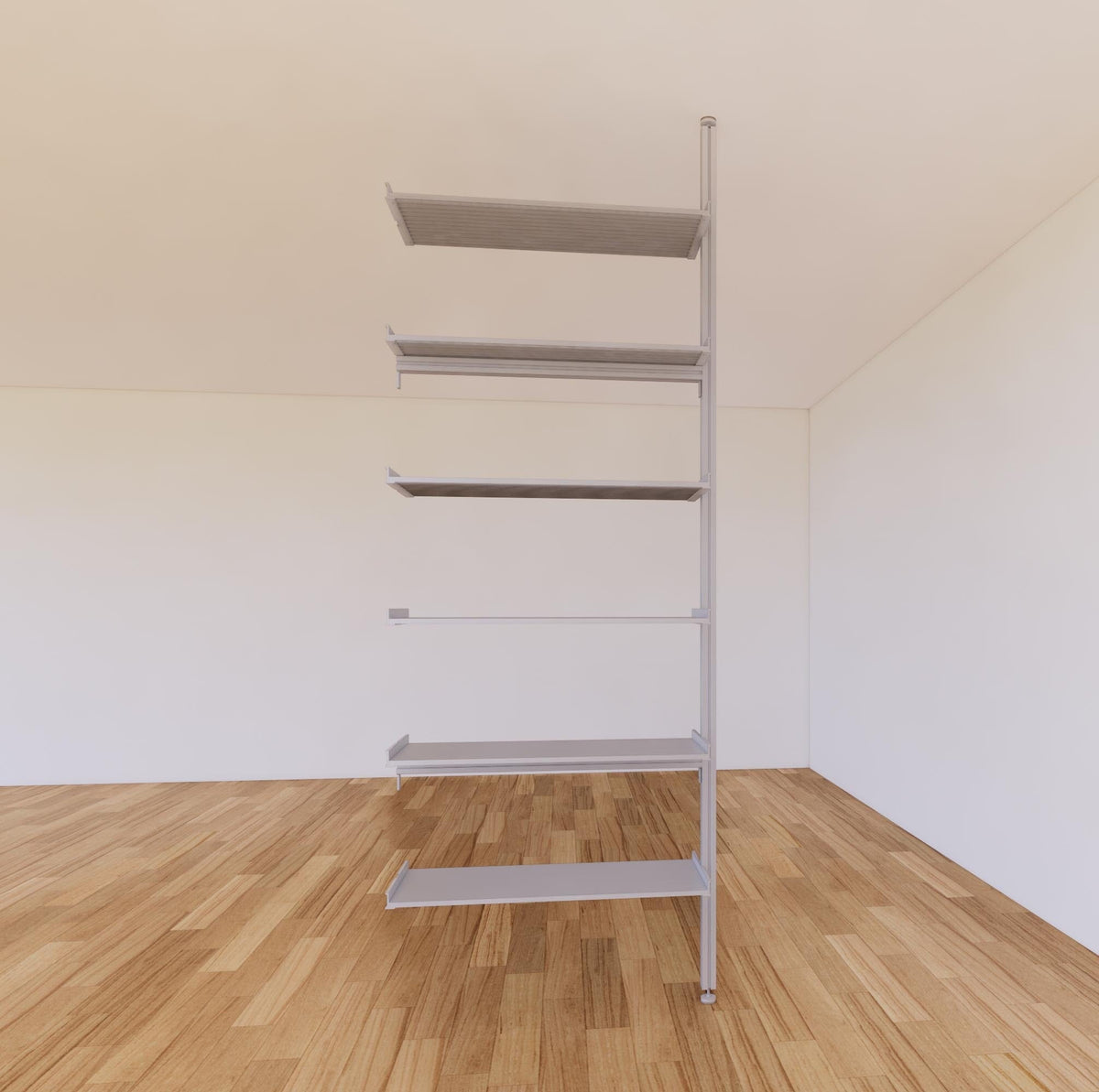 Floor-to-ceiling room divider shelving extension with lower storage cabinet with satin shelves and satin vertical post, one bay, 31-inch bay width, six open shelf levels, floor-to-ceiling supports.