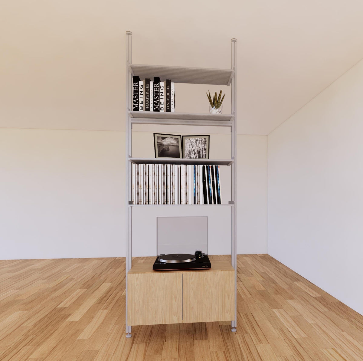 Floor-to-ceiling room divider shelving unit with lower storage cabinets with Casting Light shelves and satin vertical posts, 31-inch bay width, six open shelf levels, floor-to-ceiling supports.